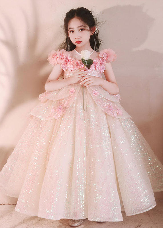 New Pink V Neck Floral Flattering Tulle Girls Maxi Dress Summer YE005