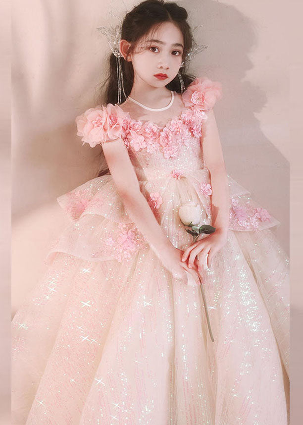 New Pink V Neck Floral Flattering Tulle Girls Maxi Dress Summer YE005