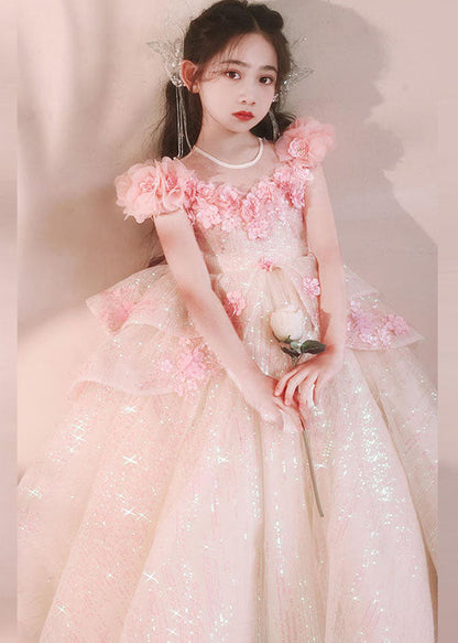 New Pink V Neck Floral Flattering Tulle Girls Maxi Dress Summer YE005