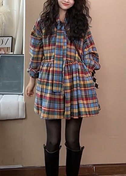 New Plaid Tie Waist Wrinkled Woolen Shirts Dress Spring TN039
