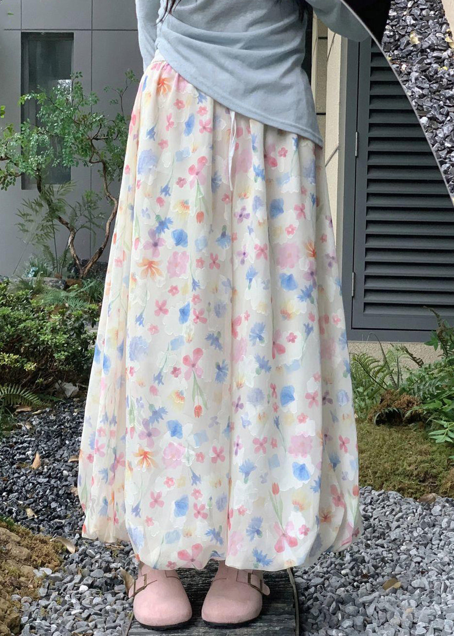 Summer Cotton Wide Leg Print New Waist Pants Elastic