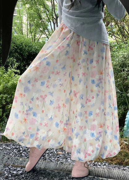 Summer Cotton Wide Leg Print New Waist Pants Elastic