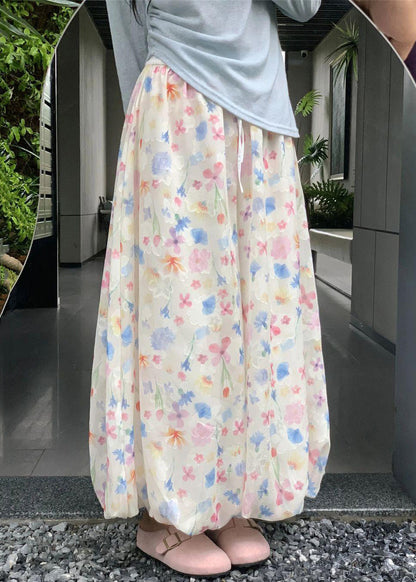 Summer Cotton Wide Leg Print New Waist Pants Elastic