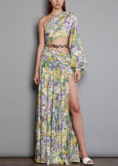 New Linked Long One Open Print Chiffon Chain Shoulder Side Dress