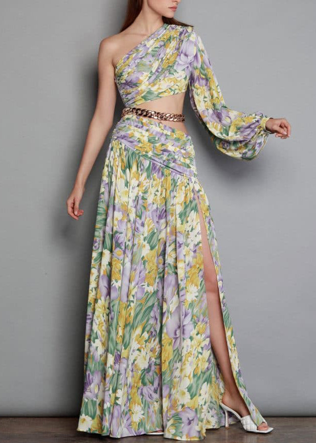 New Linked Long One Open Print Chiffon Chain Shoulder Side Dress