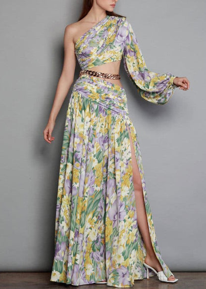 New Linked Long One Open Print Chiffon Chain Shoulder Side Dress