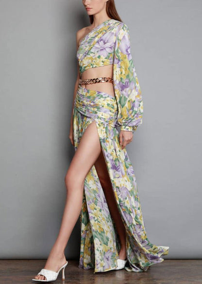 New Linked Long One Open Print Chiffon Chain Shoulder Side Dress