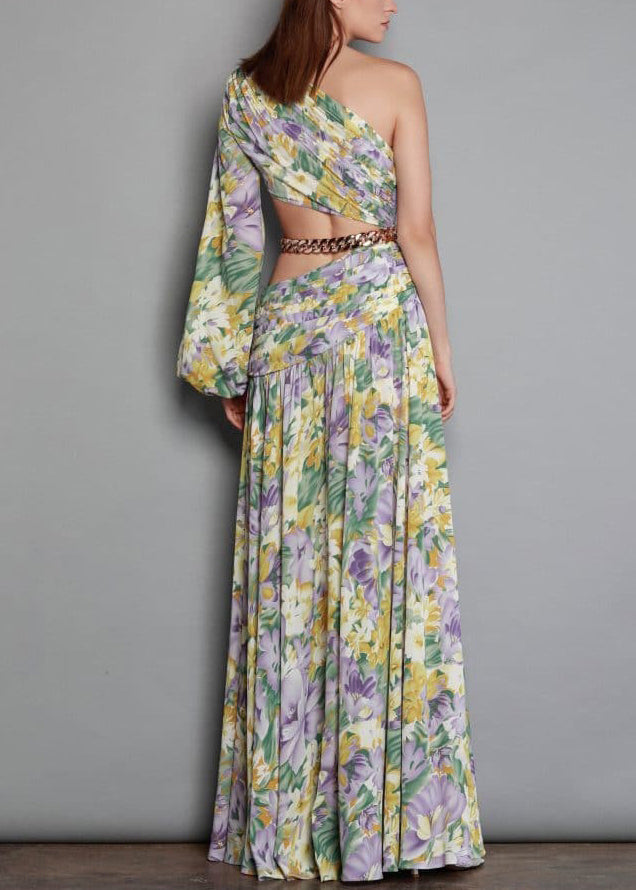 New Linked Long One Open Print Chiffon Chain Shoulder Side Dress