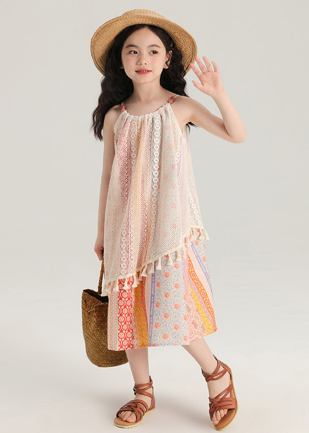 New Print Tasseled Hollow Out Knitting Cotton Girls Dress Sleeveless TT013