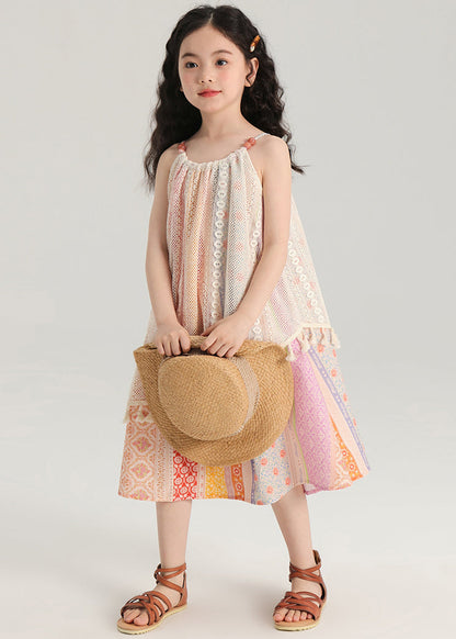 New Print Tasseled Hollow Out Knitting Cotton Girls Dress Sleeveless TT013