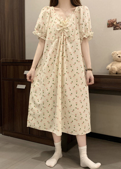 New Print Wrinkled Cotton Pajamas Long Dress Butterfly Sleeve YK025