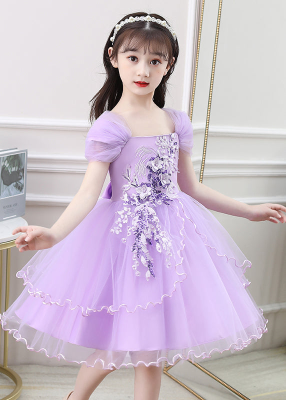 New Purple Embroideried High Waist Tulle Girls Vacation Maxi Dresses Summer EW013