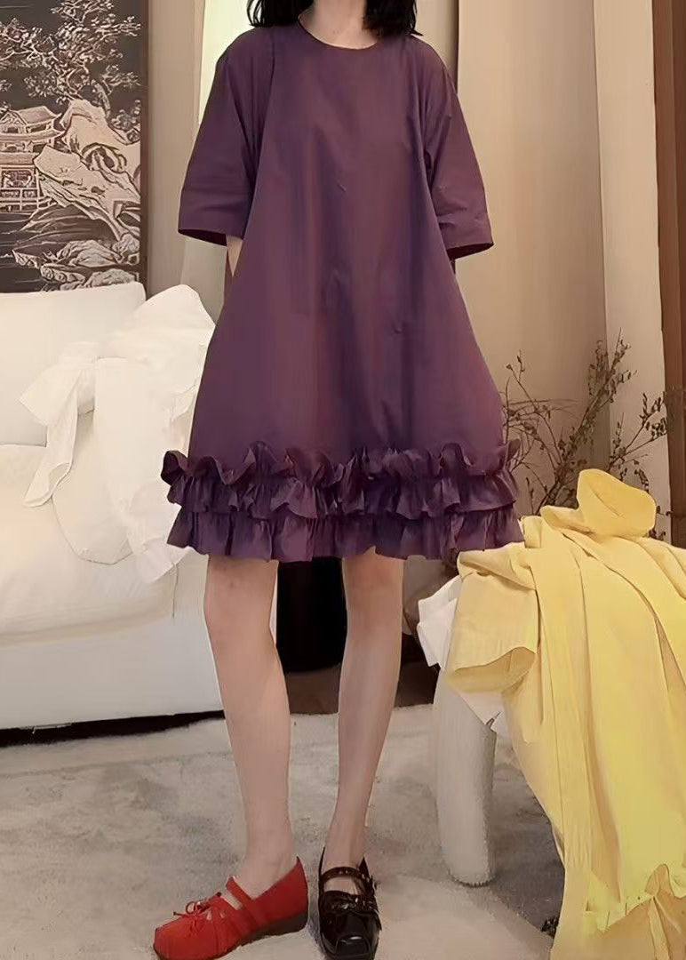 Neck Summer Ruffled Cotton Dresses O New Mid Patchwork Purple