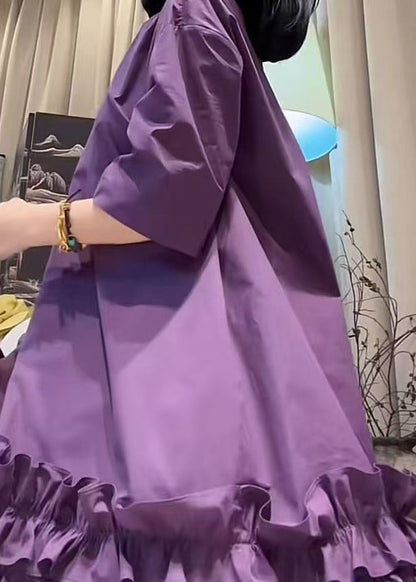 Neck Summer Ruffled Cotton Dresses O New Mid Patchwork Purple