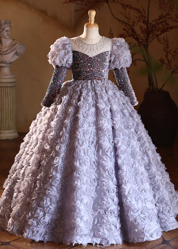 New Purple O-Neck Sequins Tulle Girls Long Dress Spring YG015