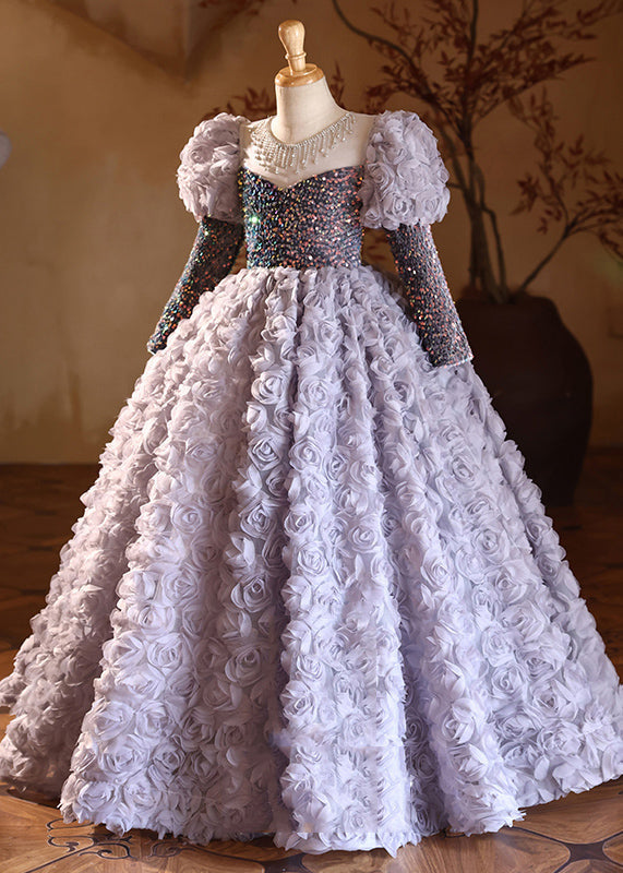 New Purple O-Neck Sequins Tulle Girls Long Dress Spring YG015