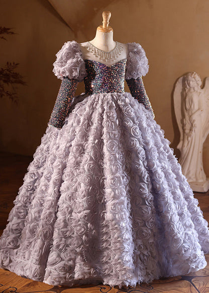 New Purple O-Neck Sequins Tulle Girls Long Dress Spring YG015