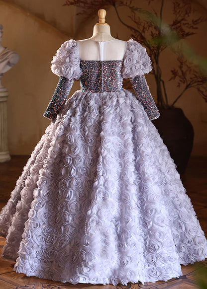 New Purple O-Neck Sequins Tulle Girls Long Dress Spring YG015