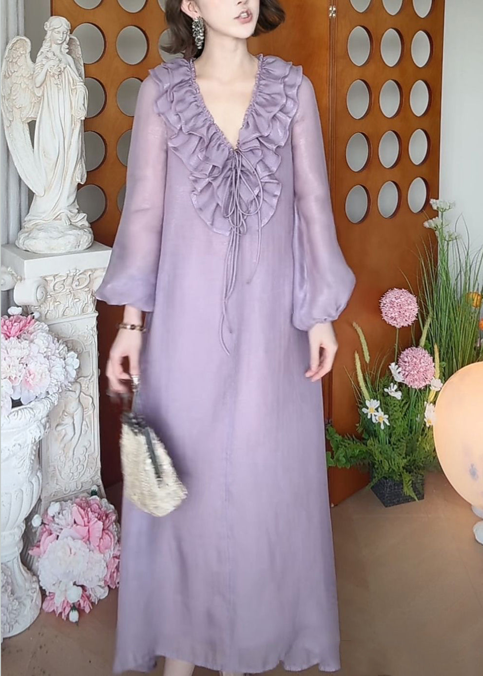 Fall Ruffled Up Dress Purple Long Neck Lace New V Silk