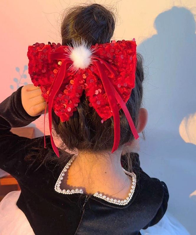 New Red Alloy Fabric Bow Sequins Ribbon Kids Hairpin Two Piece Set YG033