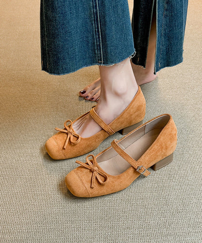 Suede Shoes Red Chunky Splicing New Buckle Bow Strap