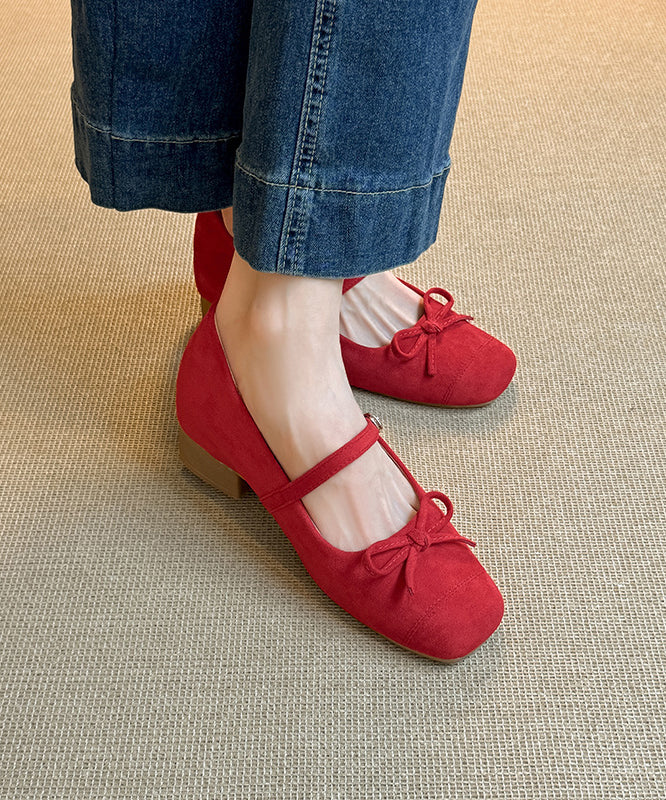 Suede Shoes Red Chunky Splicing New Buckle Bow Strap