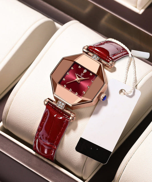 Movement Red Leather Tempere Glass New Waterproof Mineral Quartz