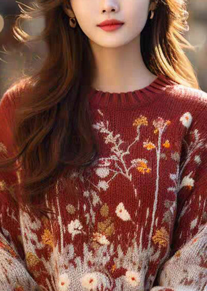 New Red O Neck Print Cozy Woolen Knit Sweaters Spring YY039