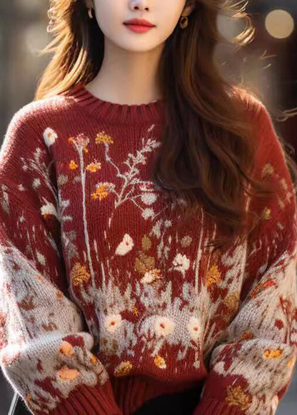 New Red O Neck Print Cozy Woolen Knit Sweaters Spring YY039