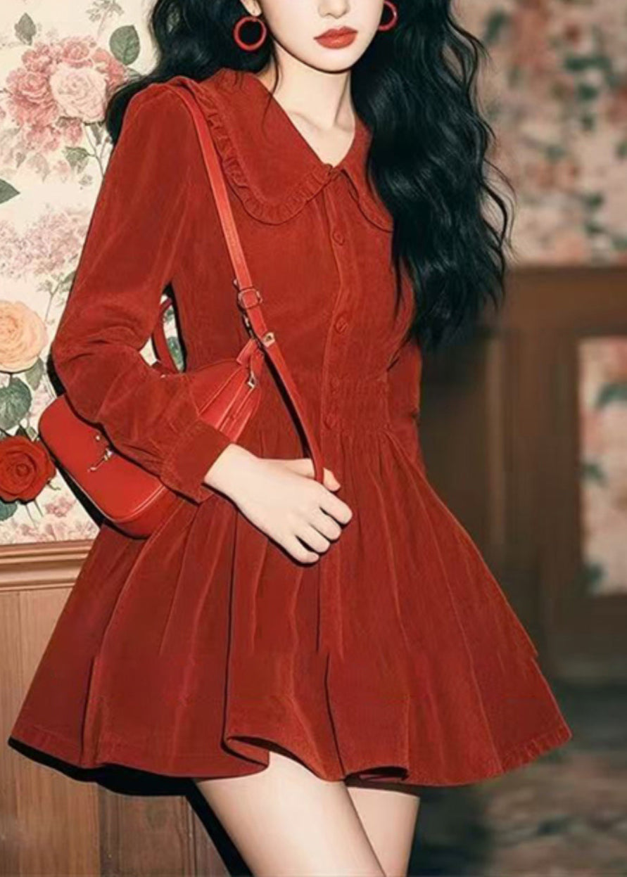 Spring Corduroy New Red Collar Peter Pan Button Dress Mid