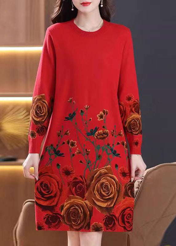 New Red Print Side Open Wool Knit Dresses Long Sleeve TB011