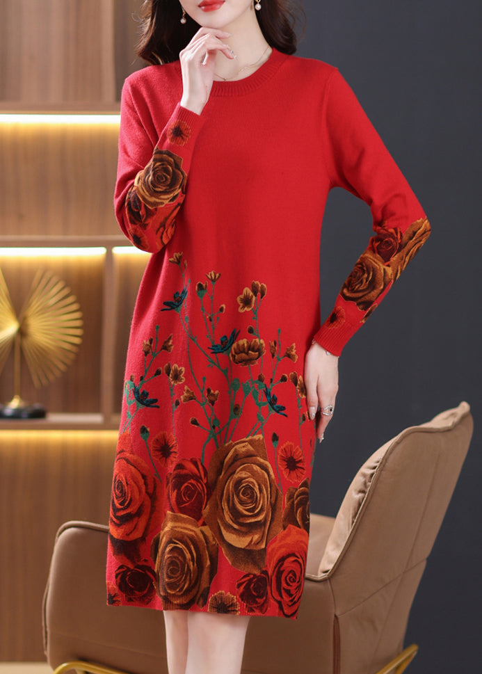 New Red Print Side Open Wool Knit Dresses Long Sleeve TB011