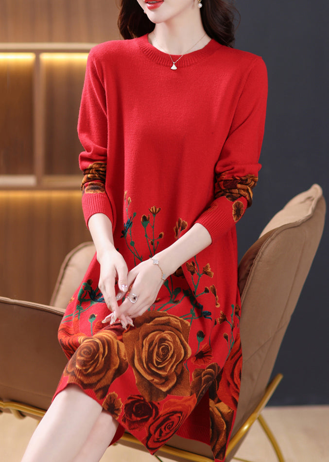 New Red Print Side Open Wool Knit Dresses Long Sleeve TB011