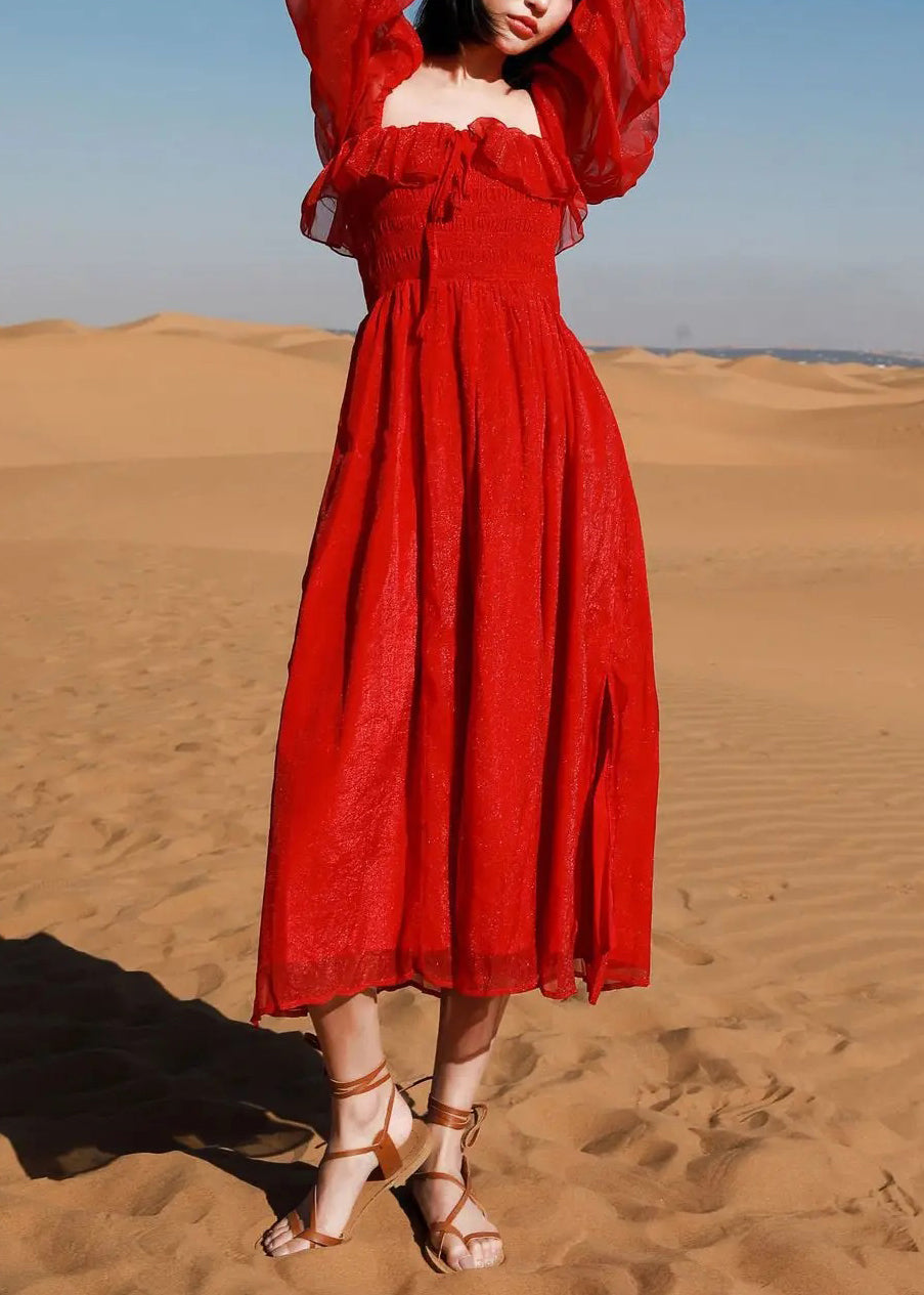 Puff Cotton New Square Red Collar Open Side Sleeve Beach Dress