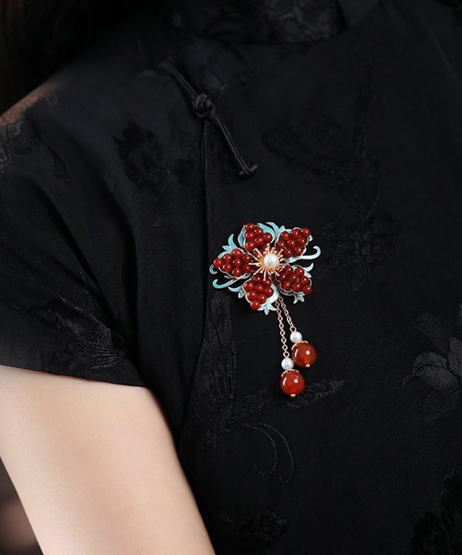 New Red Sterling Silver Overgild Pearl Crystal Tassel Brooches TX045