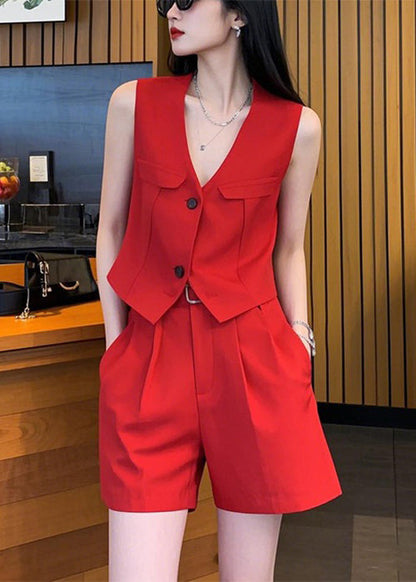 Neck And Two Spandex Pieces Waistcoat V Set Red New Button Shorts
