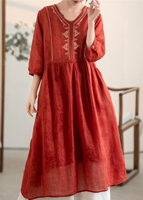 Summer Red Dress New Neck Linen Embroidered Wrinkled V