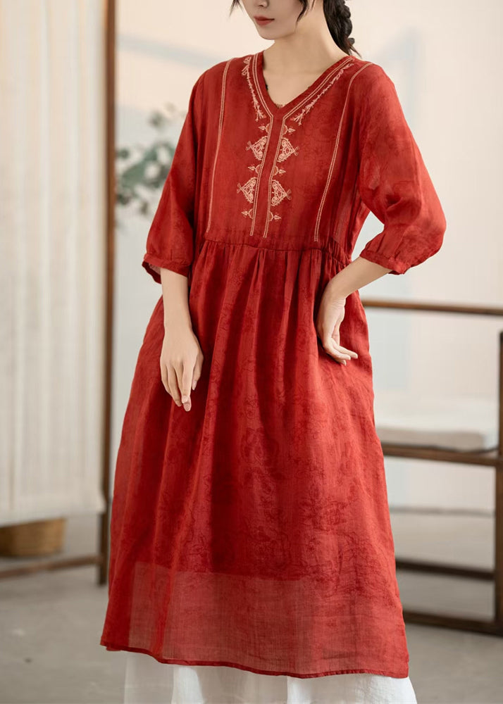 Summer Red Dress New Neck Linen Embroidered Wrinkled V