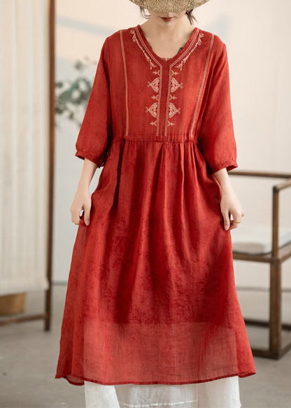 Summer Red Dress New Neck Linen Embroidered Wrinkled V