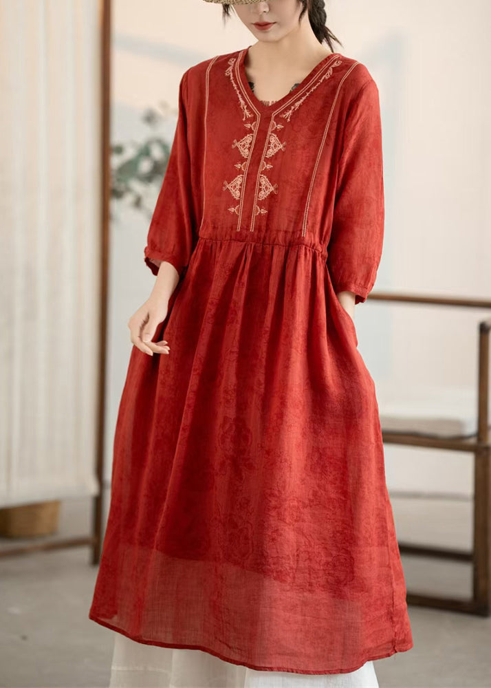 Summer Red Dress New Neck Linen Embroidered Wrinkled V
