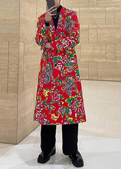 New Red V Neck Print Pockets Men Long Parka Winter RO023