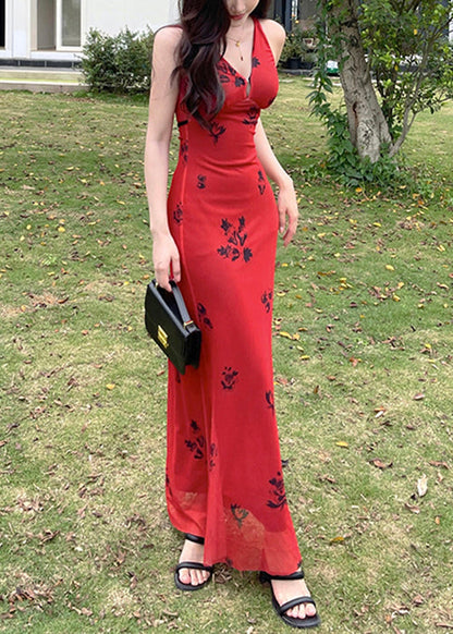 New Red V Neck Print Tulle Maxi Dresses Sleeveless YT025