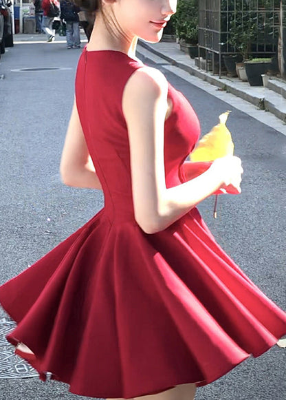 V New Sleeveless Zippered Cotton Mini Red Neck Dresses