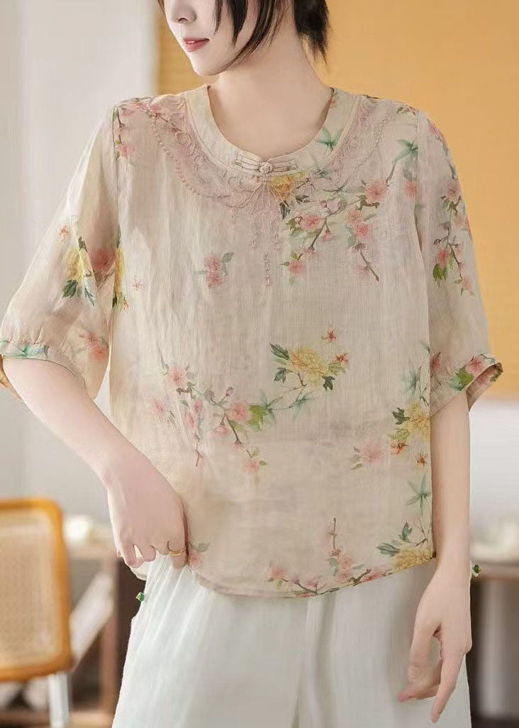 Style New Linen Retro Tops Summer Chinese Apricot Print