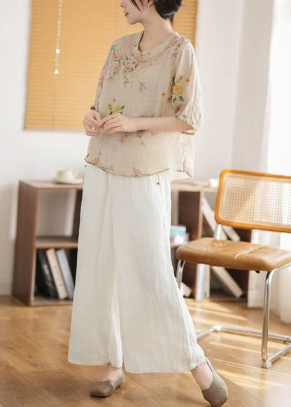 Style New Linen Retro Tops Summer Chinese Apricot Print