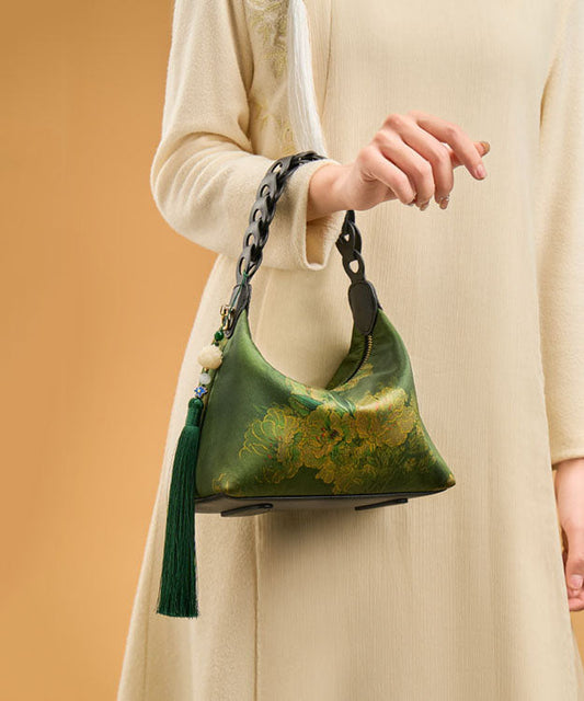 Bag Print Green Retro Tassel Blackish Silk New Tote