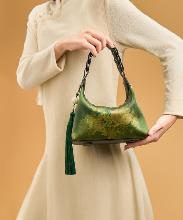 Bag Print Green Retro Tassel Blackish Silk New Tote