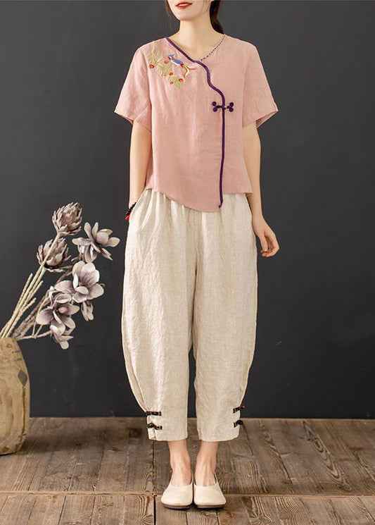New Chinese Piece Retro Summer Button Embroidered Pink Outfit 2