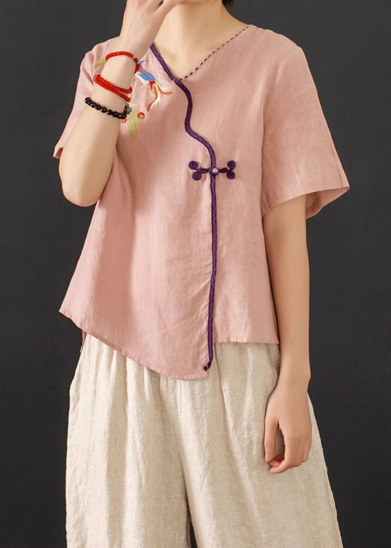 New Chinese Piece Retro Summer Button Embroidered Pink Outfit 2