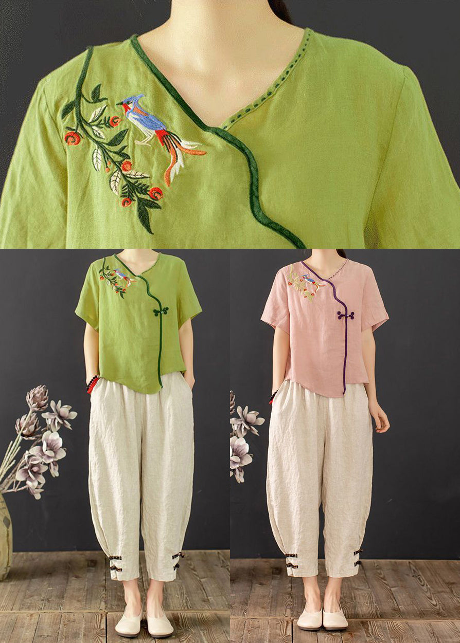 New Chinese Piece Retro Summer Button Embroidered Pink Outfit 2